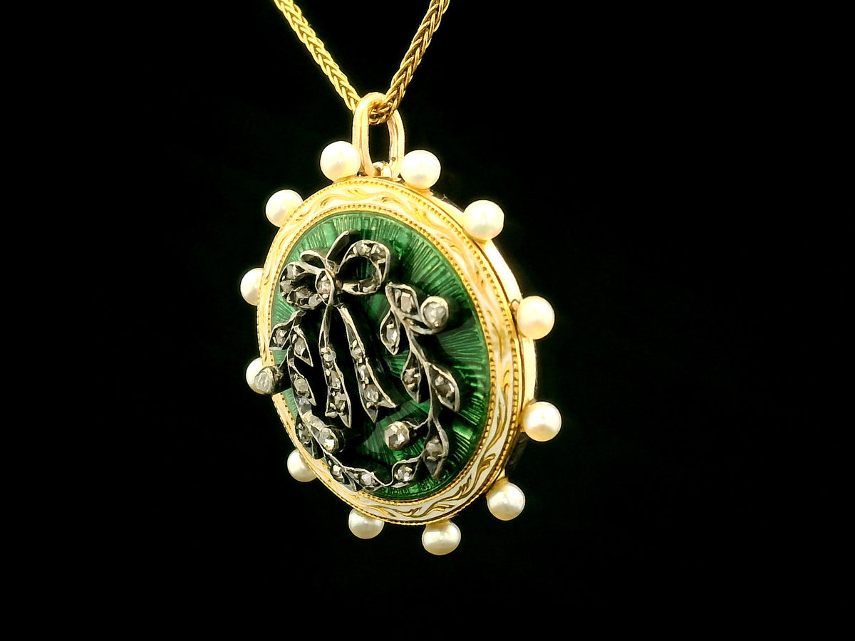 ANTIQUE GEORGIAN ENAMEL DIAMOND &amp; SEED PEARL PENDANT 18ct GOLD