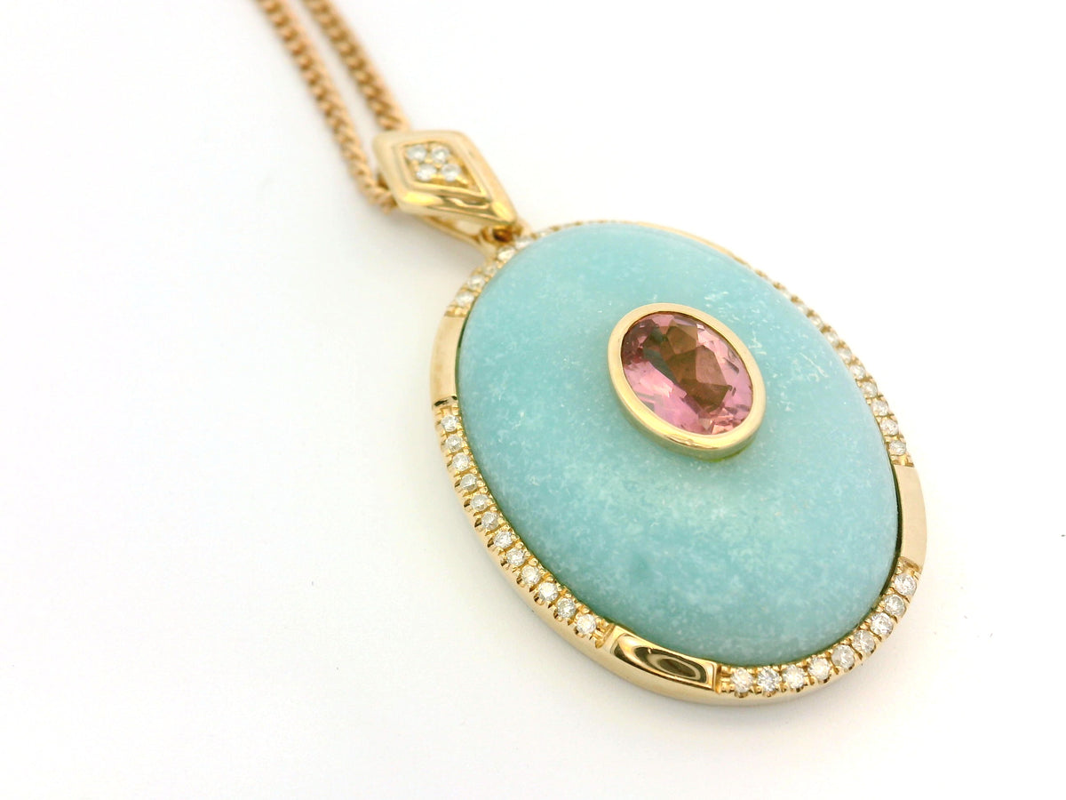 COMPTEMPORARY JADE MORGANITE &amp; DIAMOND ENHANCER &amp; CHAIN 9ct GOLD