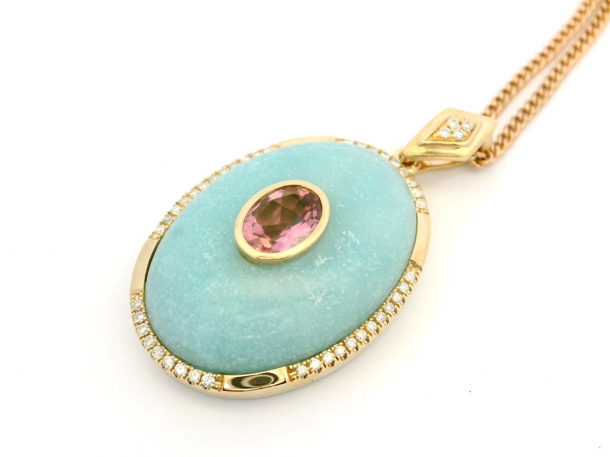 COMPTEMPORARY JADE MORGANITE &amp; DIAMOND ENHANCER &amp; CHAIN 9ct GOLD