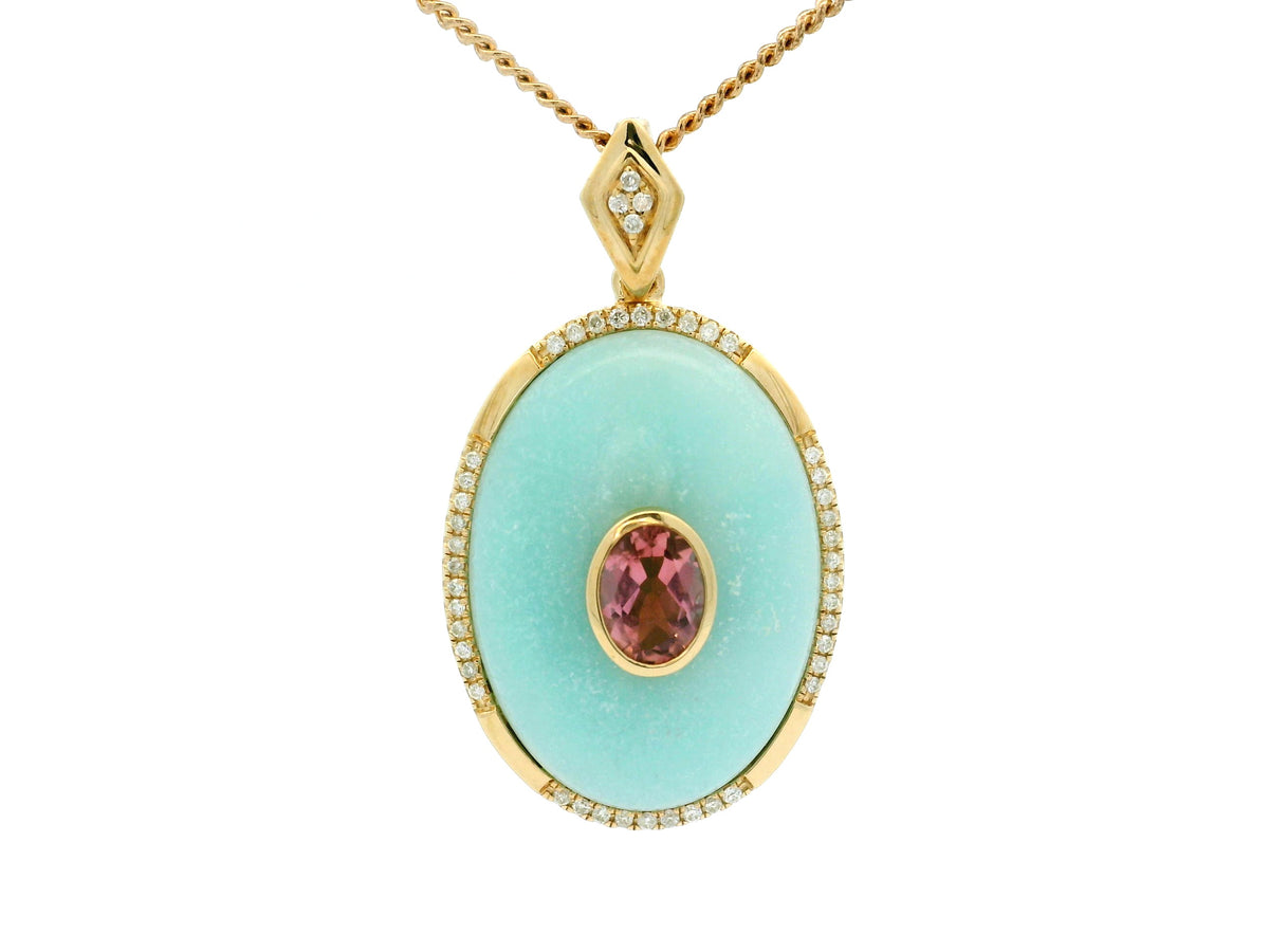 COMPTEMPORARY JADE MORGANITE &amp; DIAMOND ENHANCER &amp; CHAIN 9ct GOLD