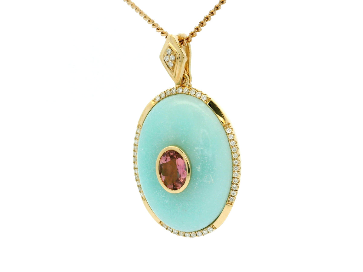 COMPTEMPORARY JADE MORGANITE &amp; DIAMOND ENHANCER &amp; CHAIN 9ct GOLD