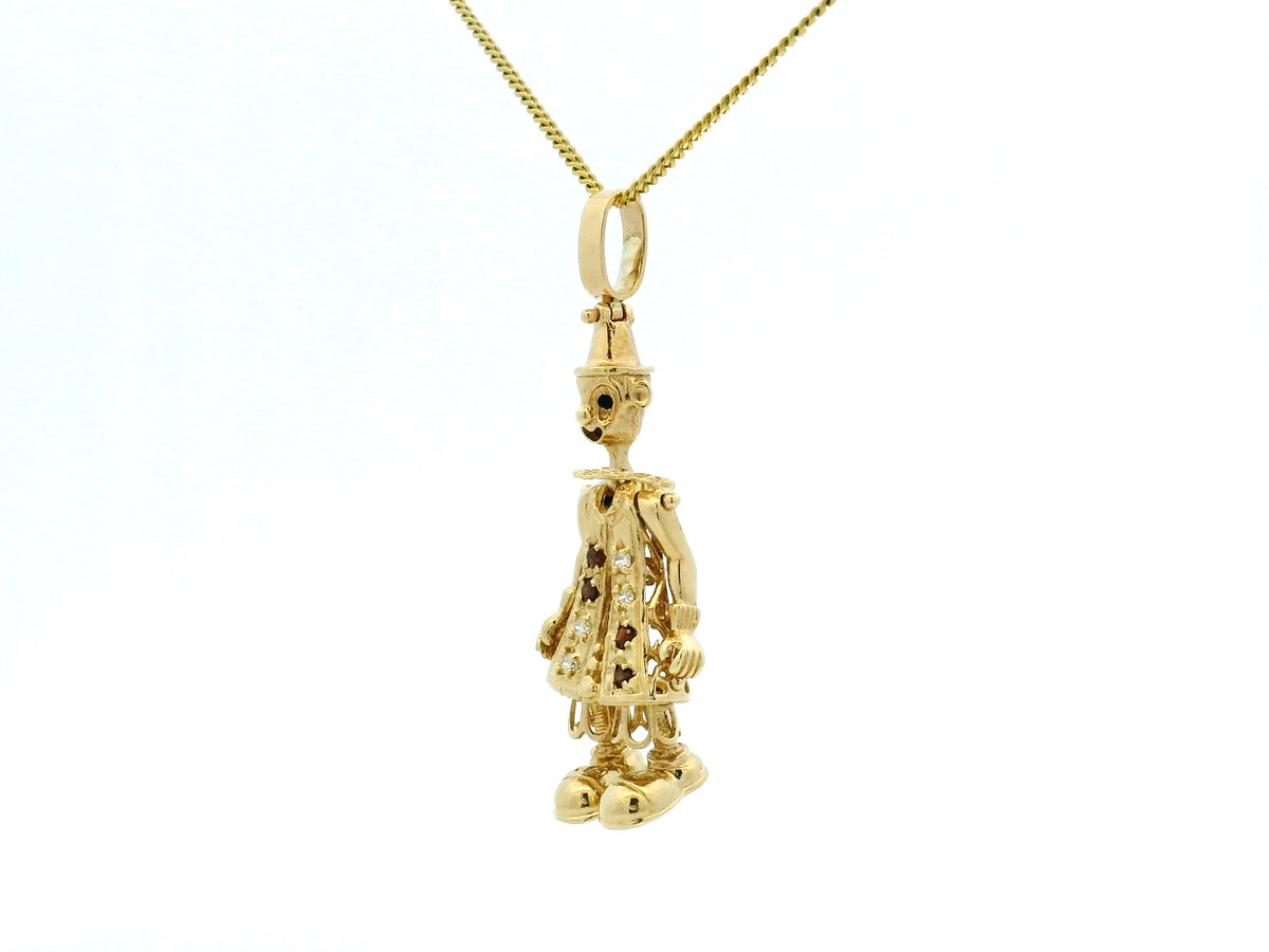 VINTAGE ESTATE GARNET & DIAMOND ARTICULATED CLOWN PENDANT 9ct GOLD