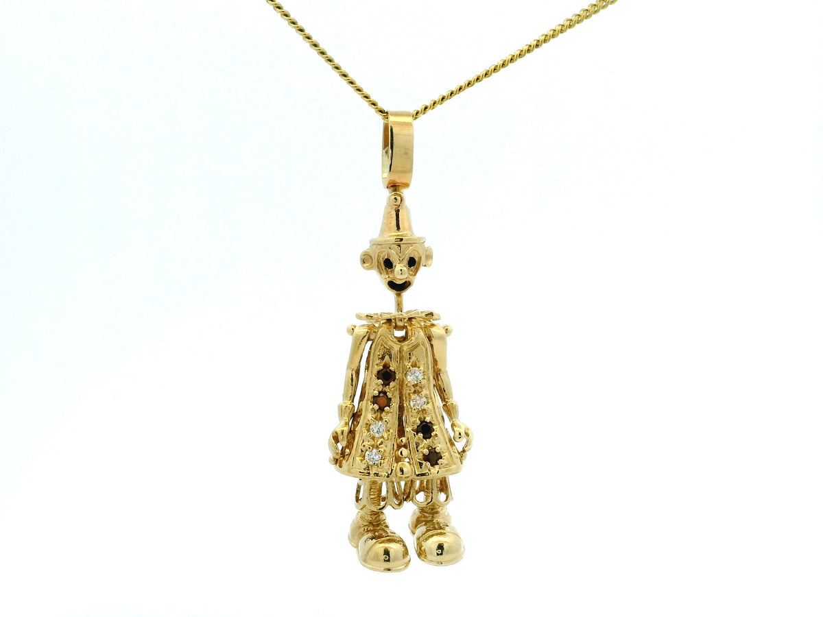 VINTAGE ESTATE GARNET & DIAMOND ARTICULATED CLOWN PENDANT 9ct GOLD