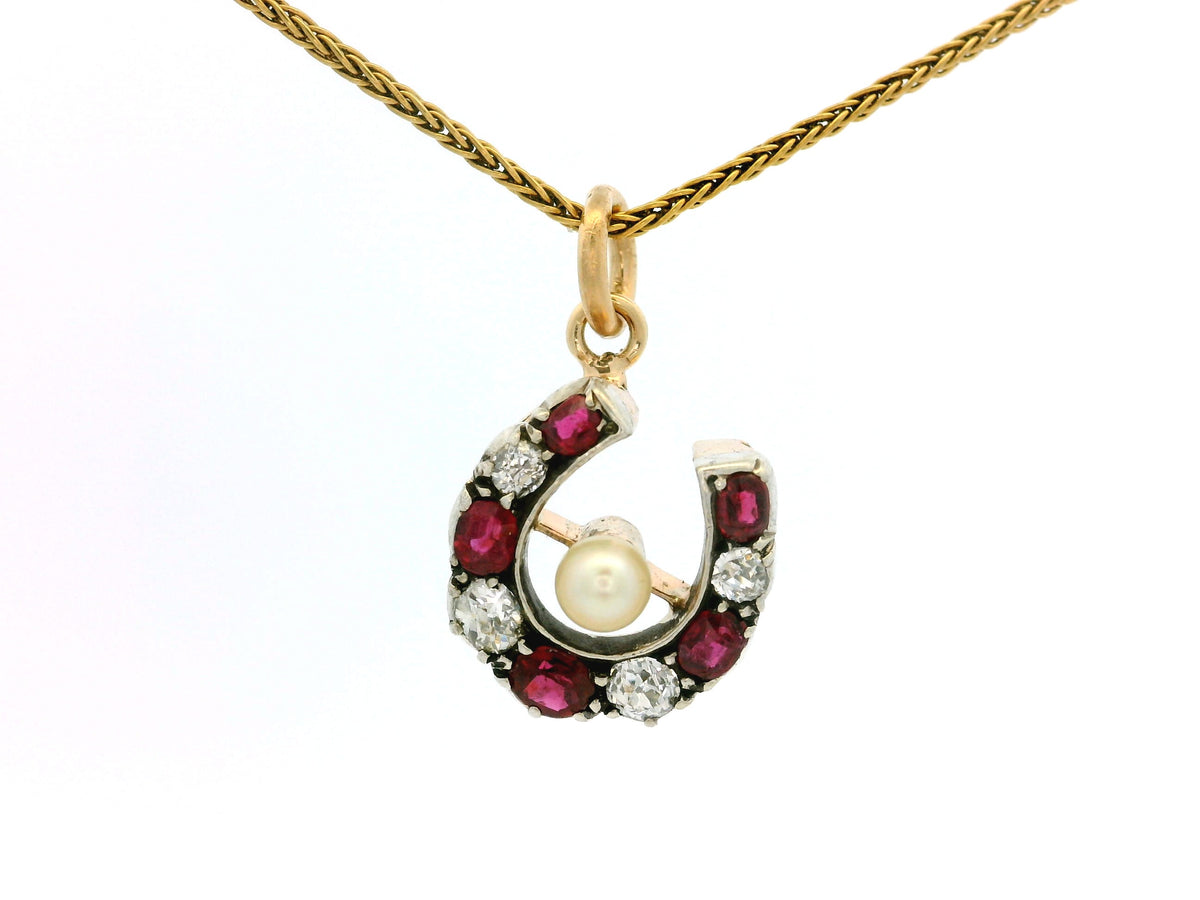 ANTIQUE VICTORIAN RUBY DIAMOND &amp; PEARL HORSESHOE PENDANT 9ct GOLD