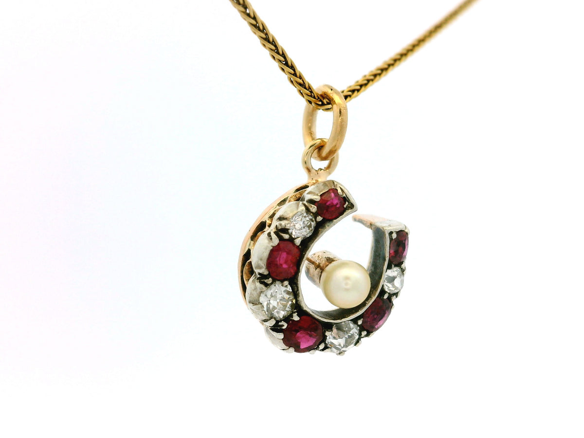 ANTIQUE VICTORIAN RUBY DIAMOND &amp; PEARL HORSESHOE PENDANT 9ct GOLD