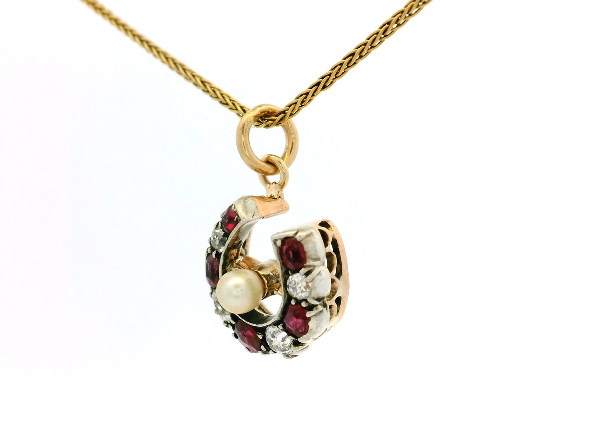 ANTIQUE VICTORIAN RUBY DIAMOND &amp; PEARL HORSESHOE PENDANT 9ct GOLD