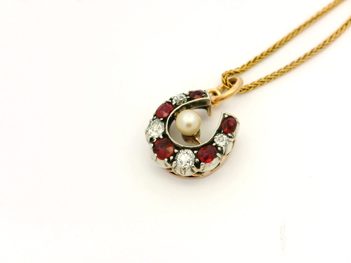 ANTIQUE VICTORIAN RUBY DIAMOND &amp; PEARL HORSESHOE PENDANT 9ct GOLD