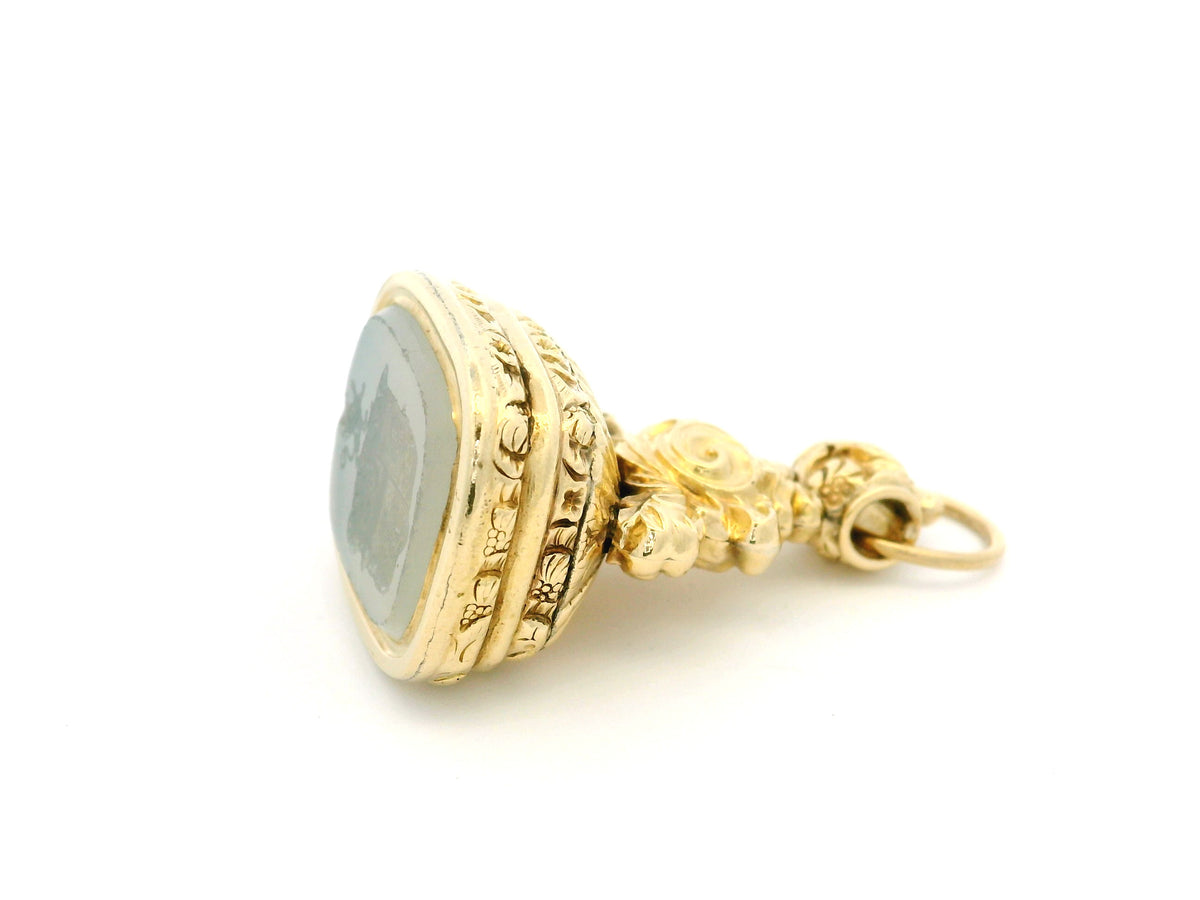 ANTIQUE EDWARDIAN AGATE INTAGLIO FOB SEAL PENDANT 15ct GOLD