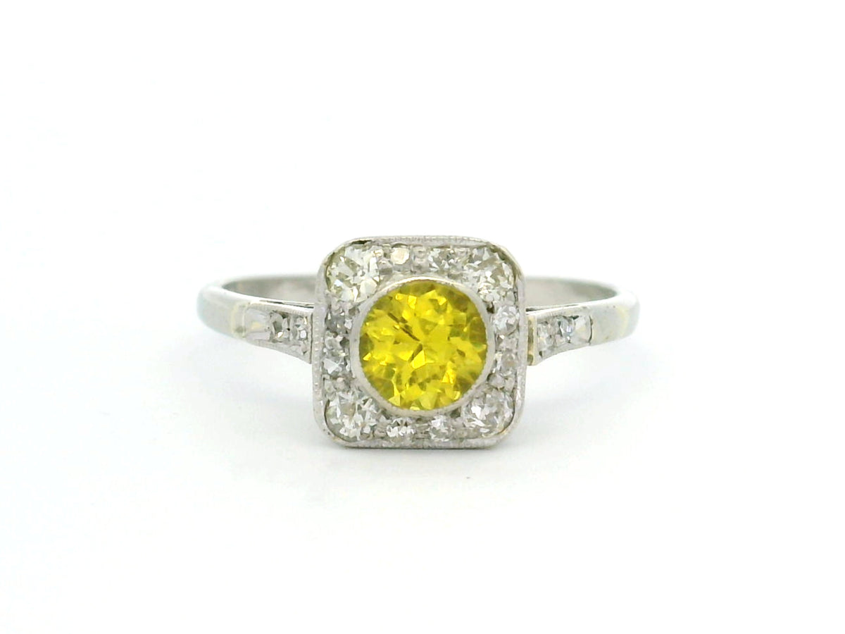 ART DECO c1920 YELLOW SAPPHIRE &amp; DIAMOND RING 18ct GOLD &amp; PLATINUM