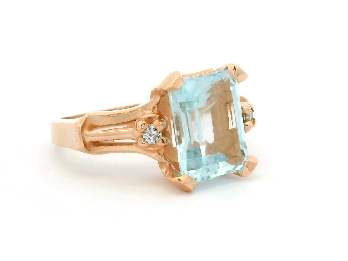 MID CENTURY AQUAMARINE &amp; DIAMOND RING 10ct ROSE GOLD