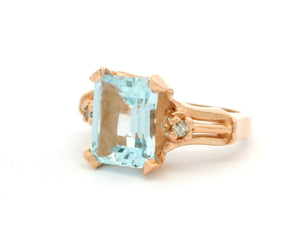 MID CENTURY AQUAMARINE & DIAMOND RING 10ct ROSE GOLD