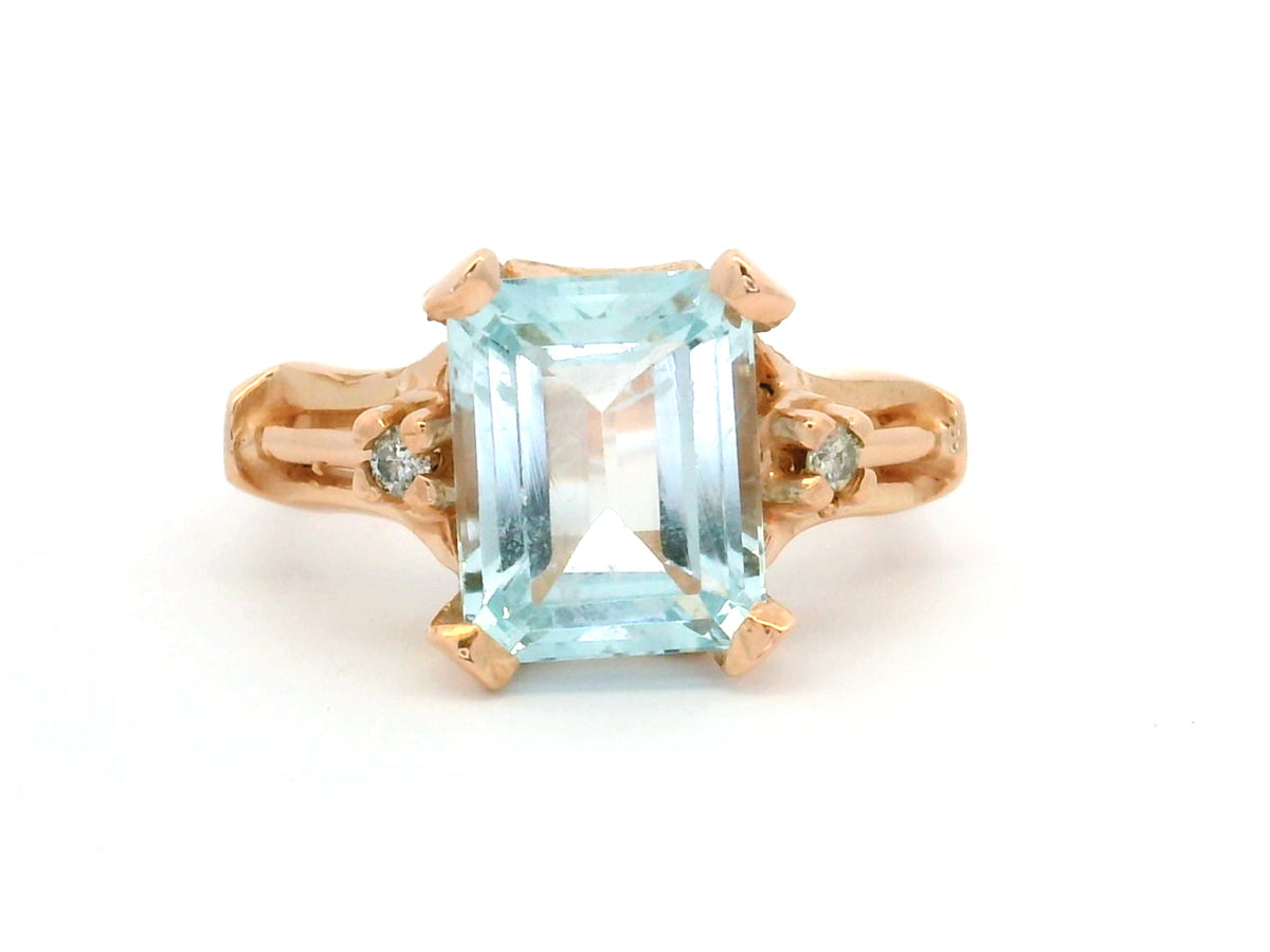 MID CENTURY AQUAMARINE &amp; DIAMOND RING 10ct ROSE GOLD