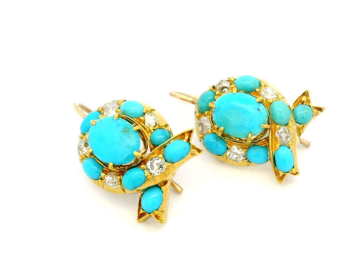 ANTIQUE VICTORIAN TURQUOISE &amp; DIAMOND EARRINGS 18ct GOLD