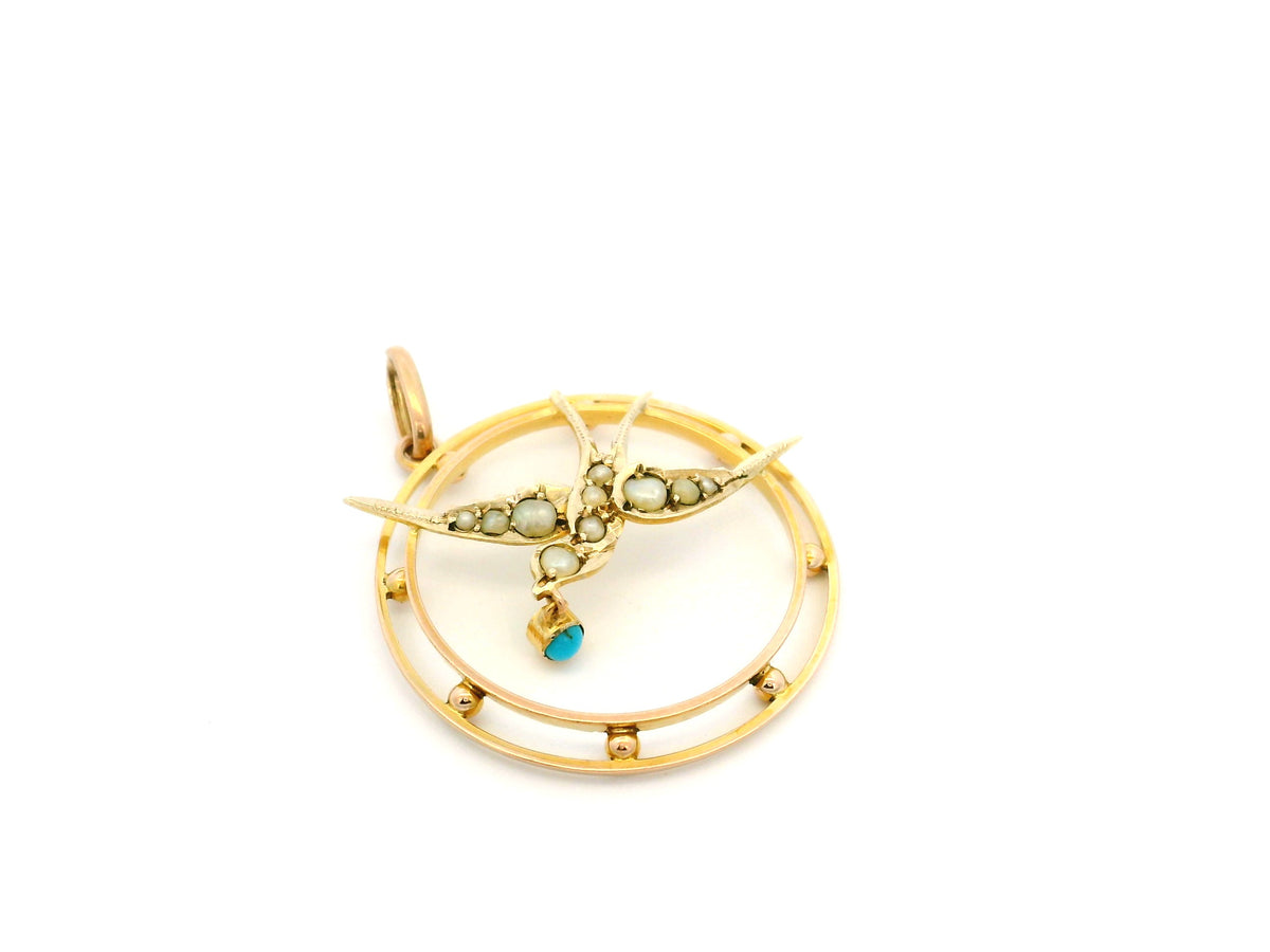 ANTIQUE EDWARDIAN SEED PEARL &amp; TURQUOISE SWALLOW PENDANT 9ct GOLD