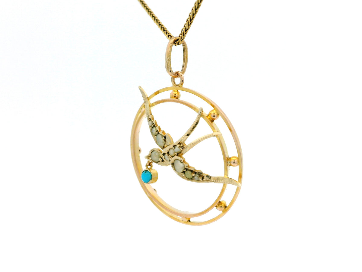 ANTIQUE EDWARDIAN SEED PEARL &amp; TURQUOISE SWALLOW PENDANT 9ct GOLD