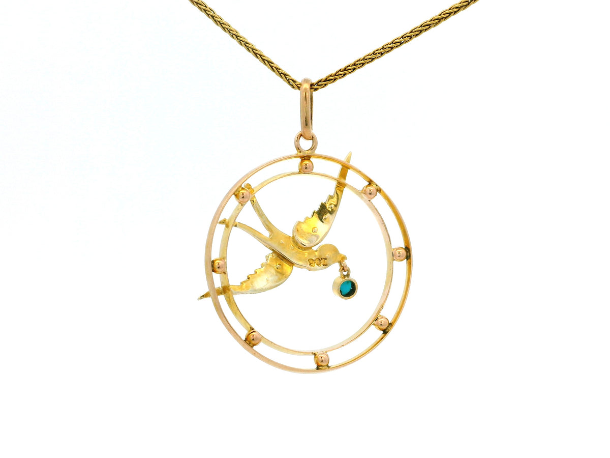 ANTIQUE EDWARDIAN SEED PEARL &amp; TURQUOISE SWALLOW PENDANT 9ct GOLD
