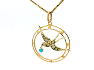 ANTIQUE EDWARDIAN SEED PEARL & TURQUOISE SWALLOW PENDANT 9ct GOLD