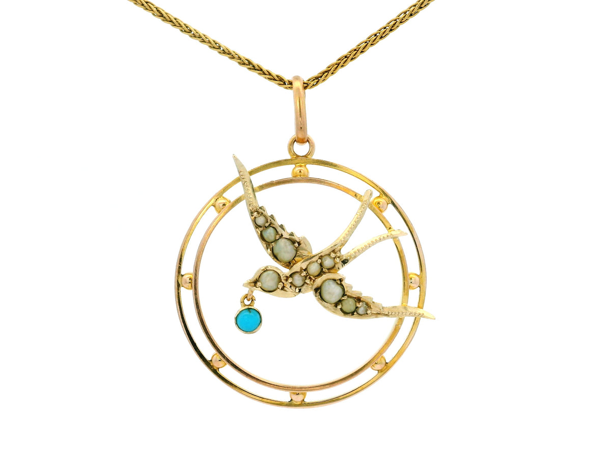 ANTIQUE EDWARDIAN SEED PEARL &amp; TURQUOISE SWALLOW PENDANT 9ct GOLD