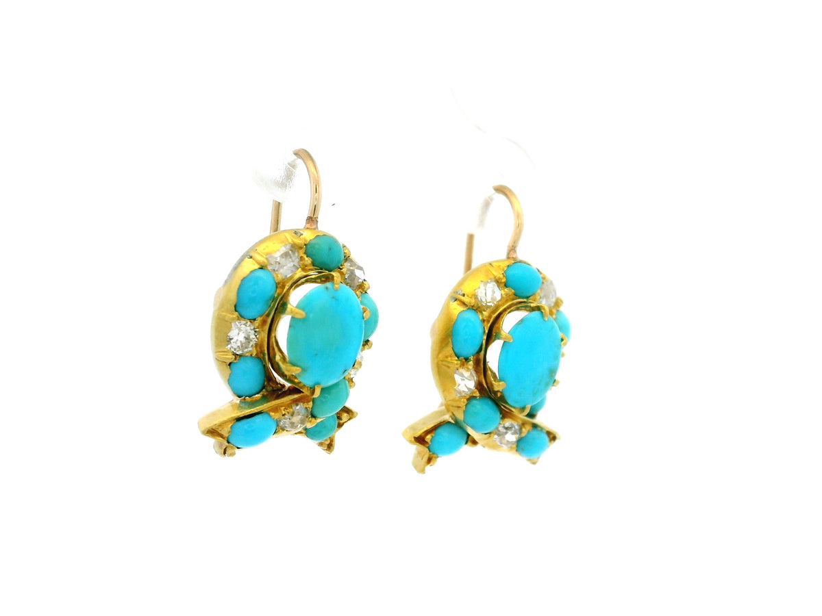 ANTIQUE VICTORIAN TURQUOISE &amp; DIAMOND EARRINGS 18ct GOLD