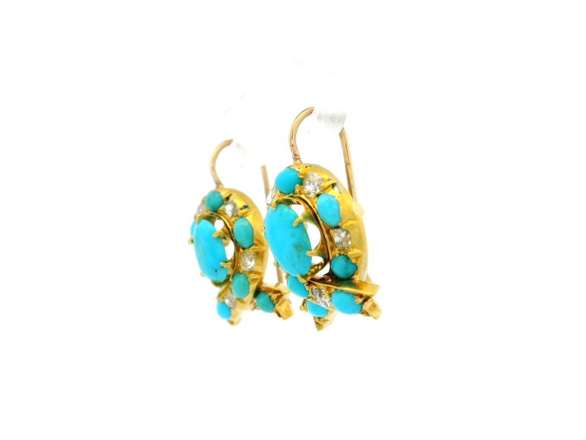 ANTIQUE VICTORIAN TURQUOISE &amp; DIAMOND EARRINGS 18ct GOLD