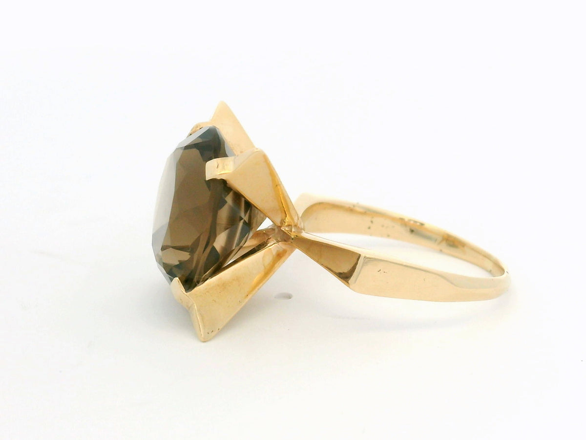 MID CENTURY SMOKY QUARTZ COCKTAIL RING 9ct GOLD