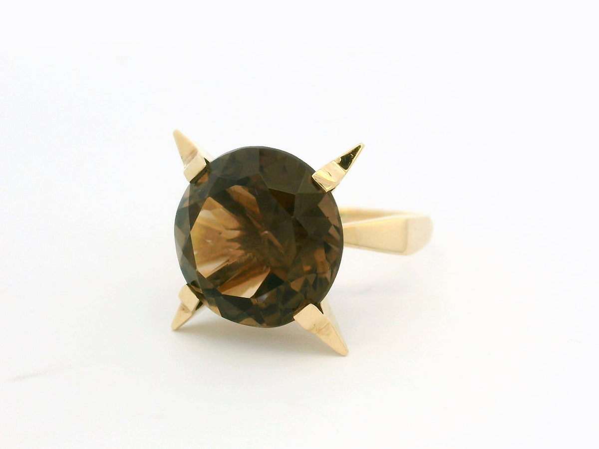 MID CENTURY SMOKY QUARTZ COCKTAIL RING 9ct GOLD