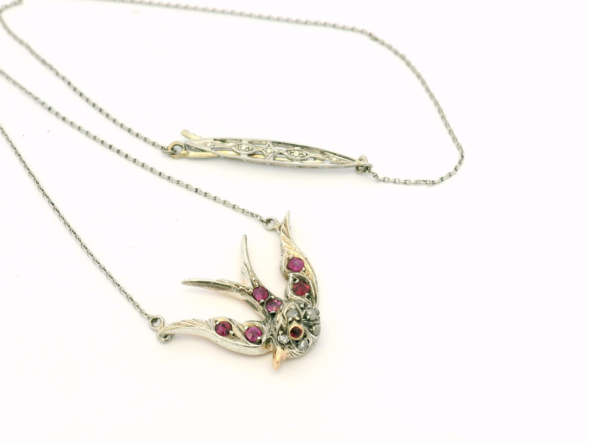 ANTIQUE RUBY &amp; DIAMOND SWALLOW NECKLACE PLATINUM, 9ct GOLD &amp; SILVER