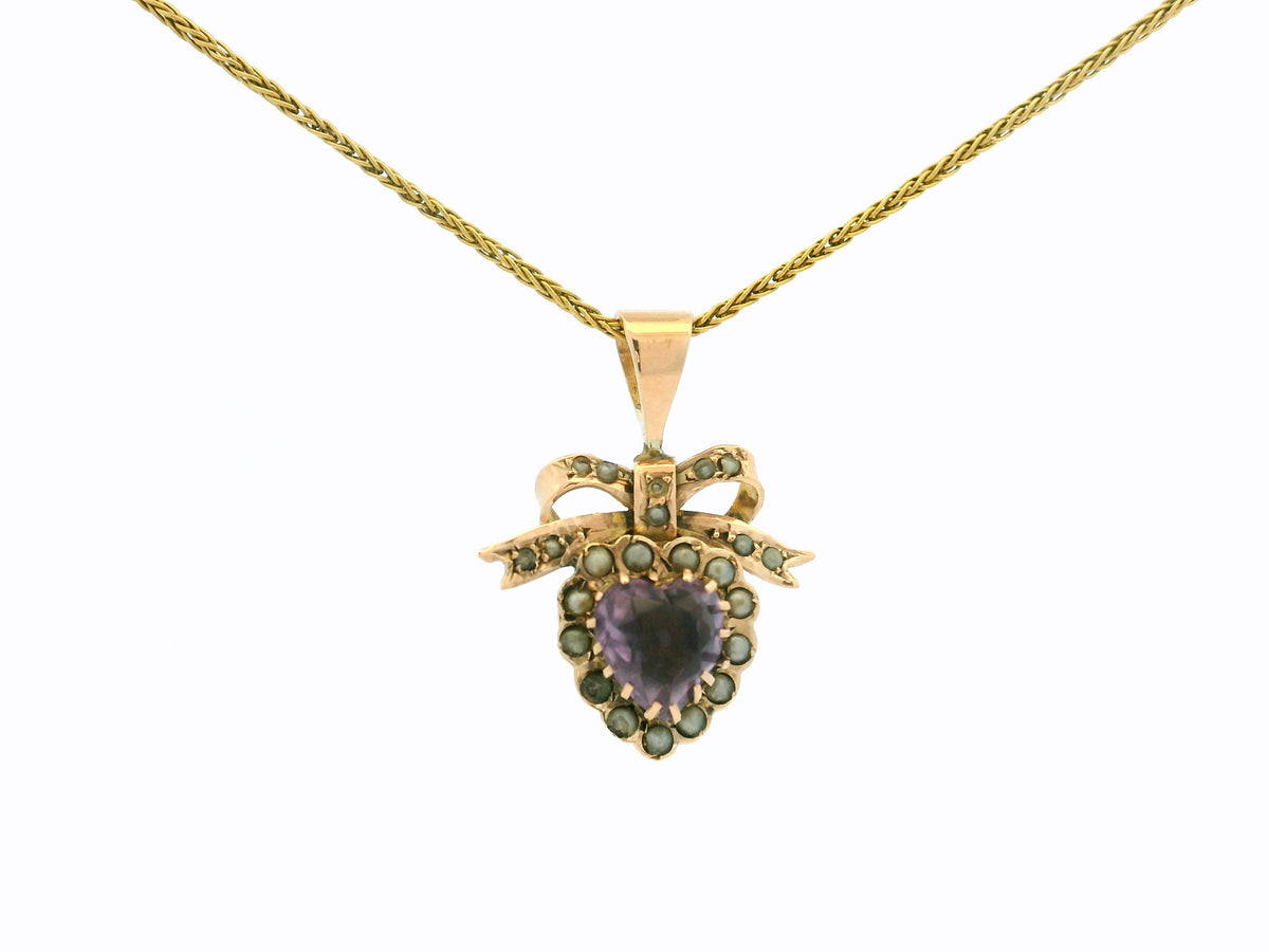 ANTIQUE EDWARDIAN AMETHYST HEART & SEED PEARL PENDANT 9ct GOLD