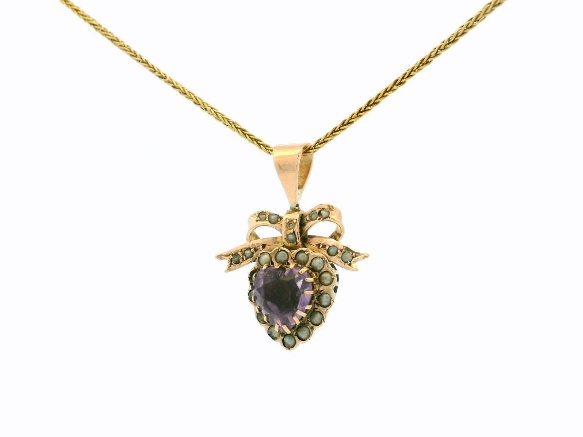 ANTIQUE EDWARDIAN AMETHYST HEART & SEED PEARL PENDANT 9ct GOLD