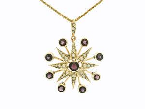 ANTIQUE PURPLE PASTE & SEED PEARL CELESTIAL STAR PENDANT 9ct GOLD