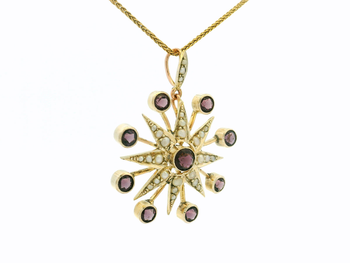ANTIQUE PURPLE PASTE &amp; SEED PEARL CELESTIAL STAR PENDANT 9ct GOLD
