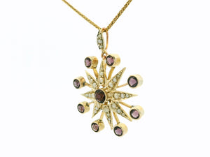 ANTIQUE PURPLE PASTE & SEED PEARL CELESTIAL STAR PENDANT 9ct GOLD