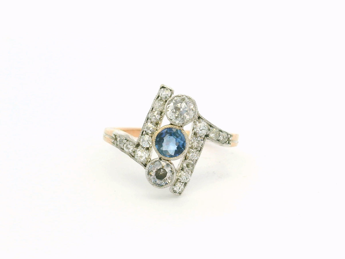 ANTIQUE ART DECO SAPPHIRE &amp; DIAMOND RING 14ct GOLD