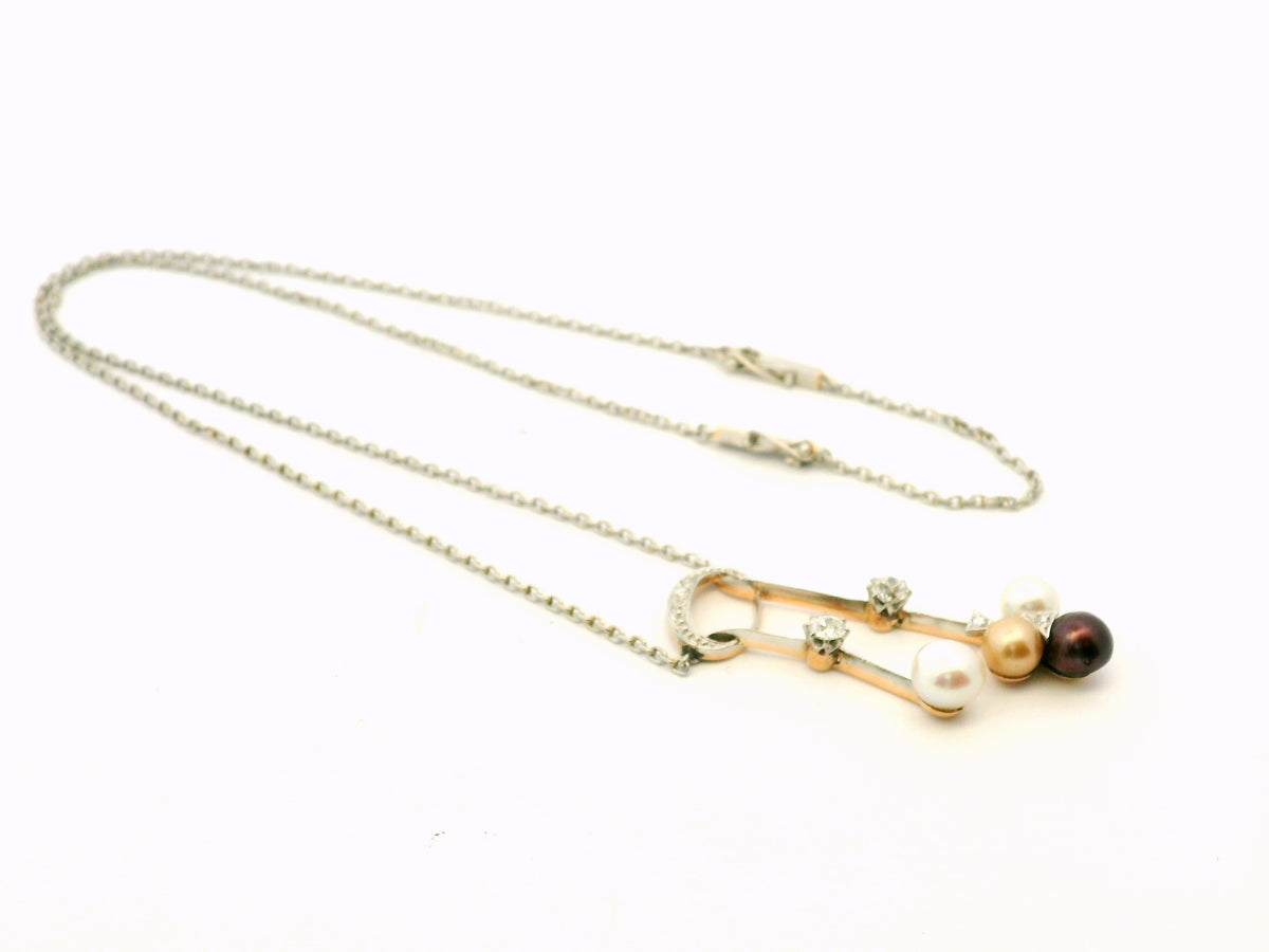 DECO DIAMOND &amp; PEARL NECKLACE 9ct GOLD &amp; PLATINUM