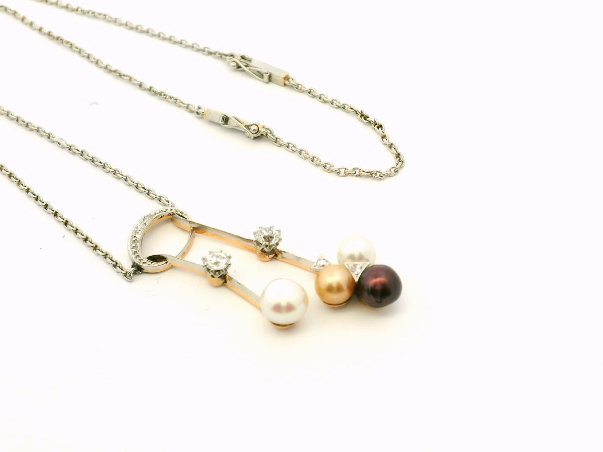 DECO DIAMOND &amp; PEARL NECKLACE 9ct GOLD &amp; PLATINUM