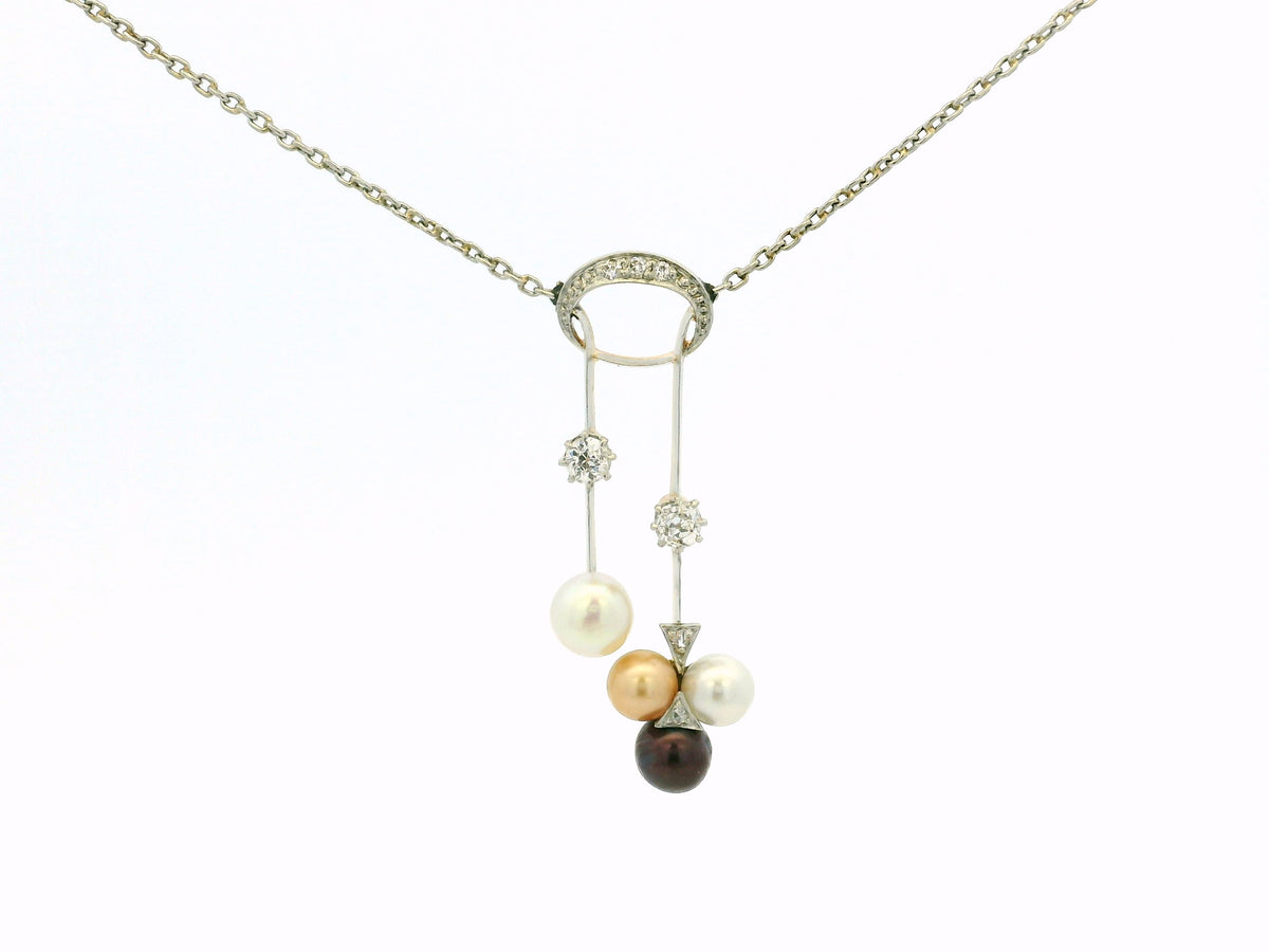 DECO DIAMOND &amp; PEARL NECKLACE 9ct GOLD &amp; PLATINUM