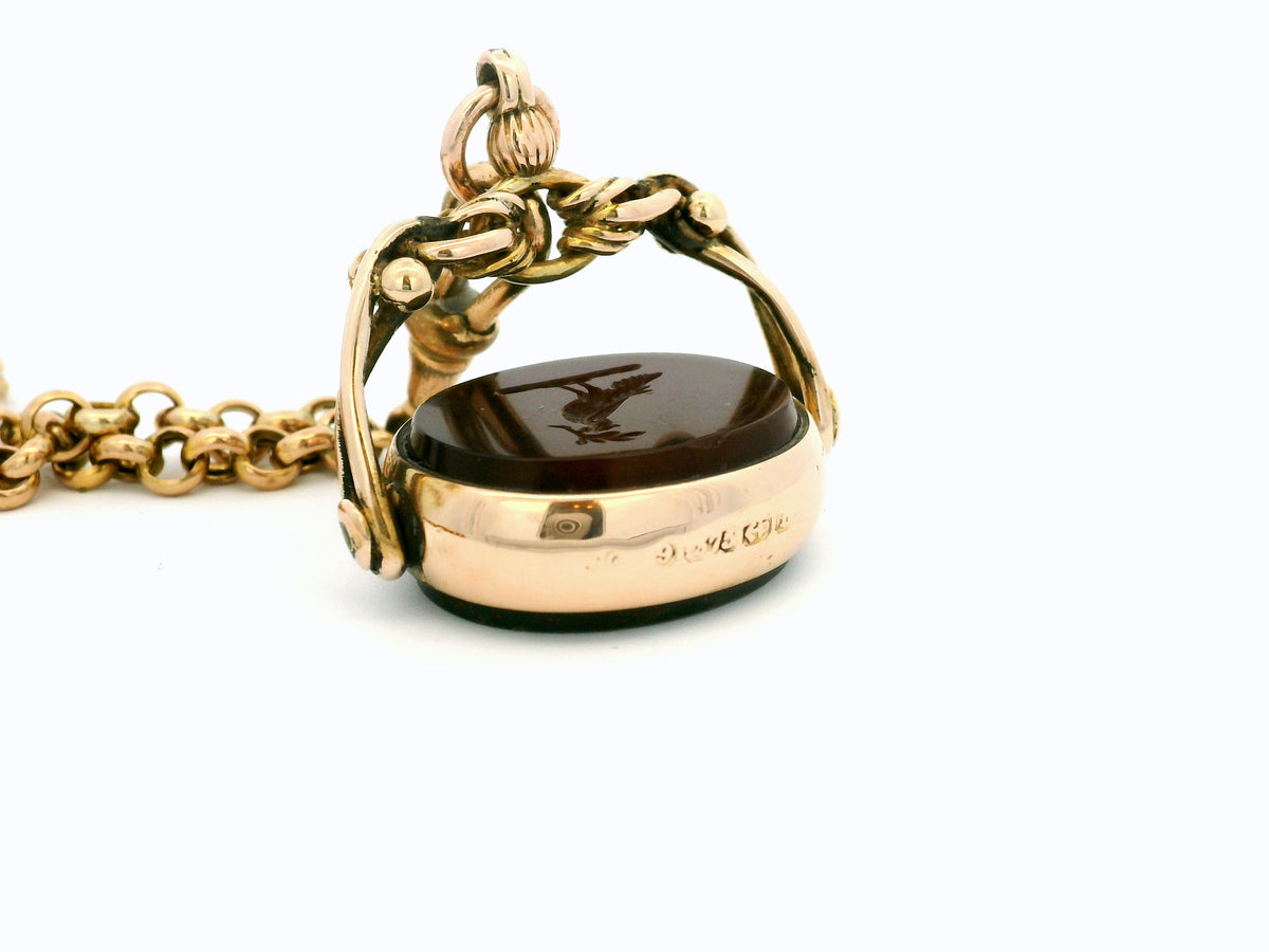 ANTIQUE VICTORIAN CARNELIAN INTAGLIO &amp; BLOODSTONE SEAL FOB SPINNER 9ct GOLD