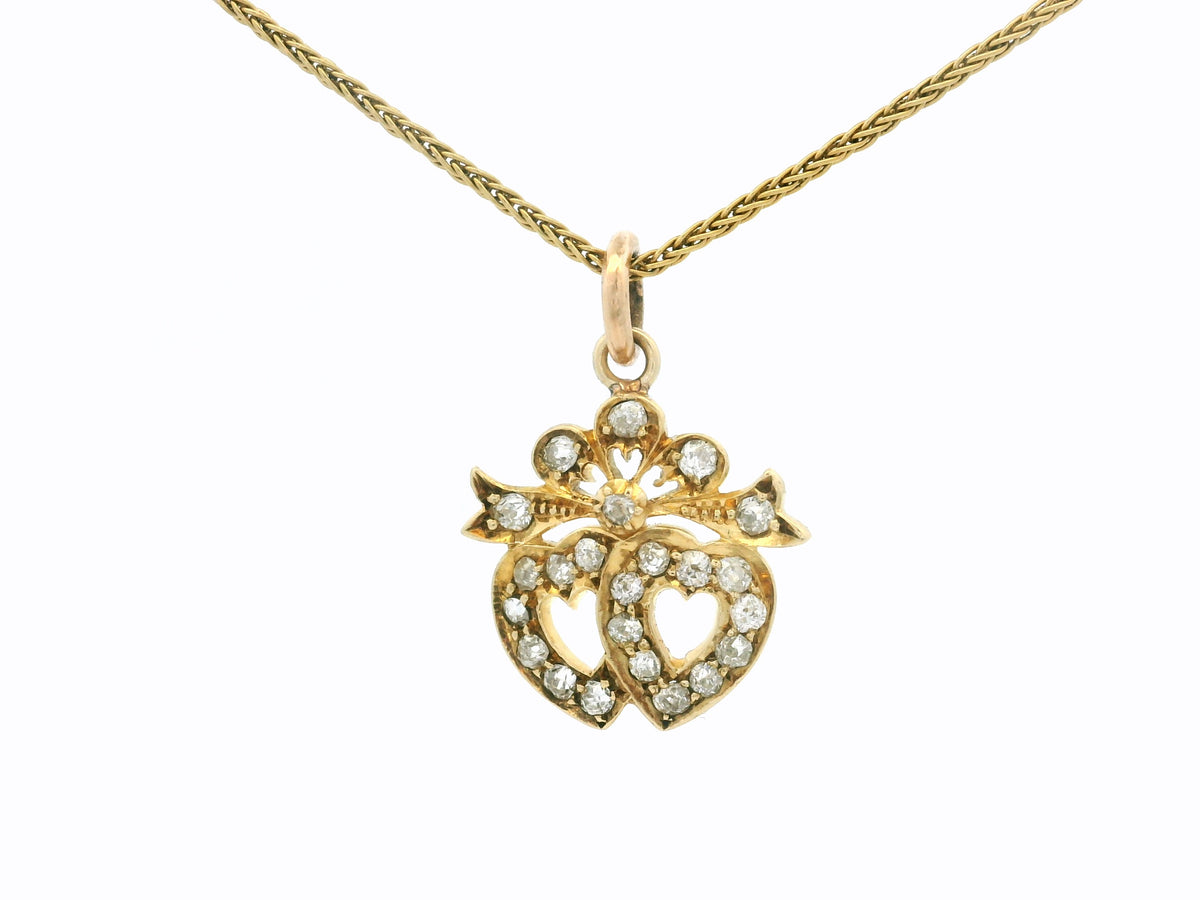 ANTIQUE EDWARDIAN DIAMOND DOUBLE HEART PENDANT 15ct GOLD