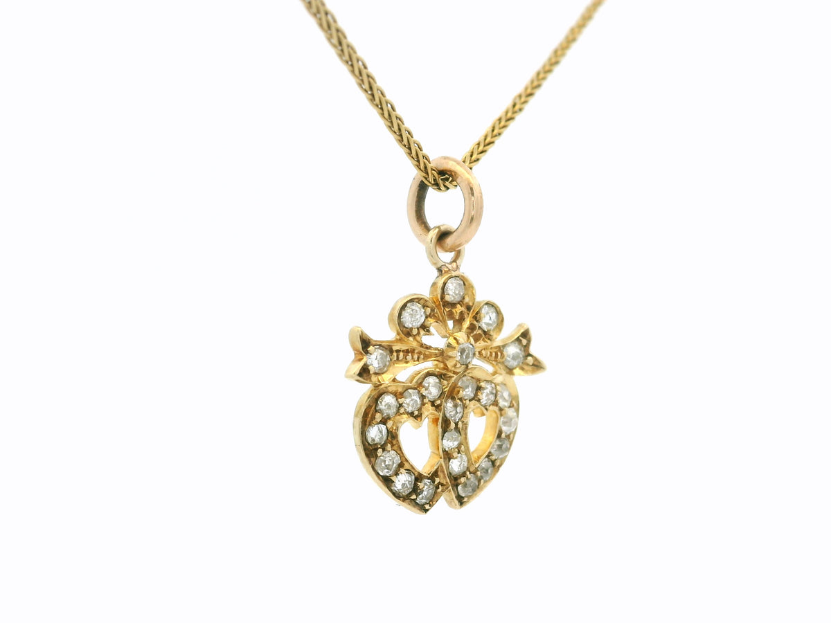 ANTIQUE EDWARDIAN DIAMOND DOUBLE HEART PENDANT 15ct GOLD