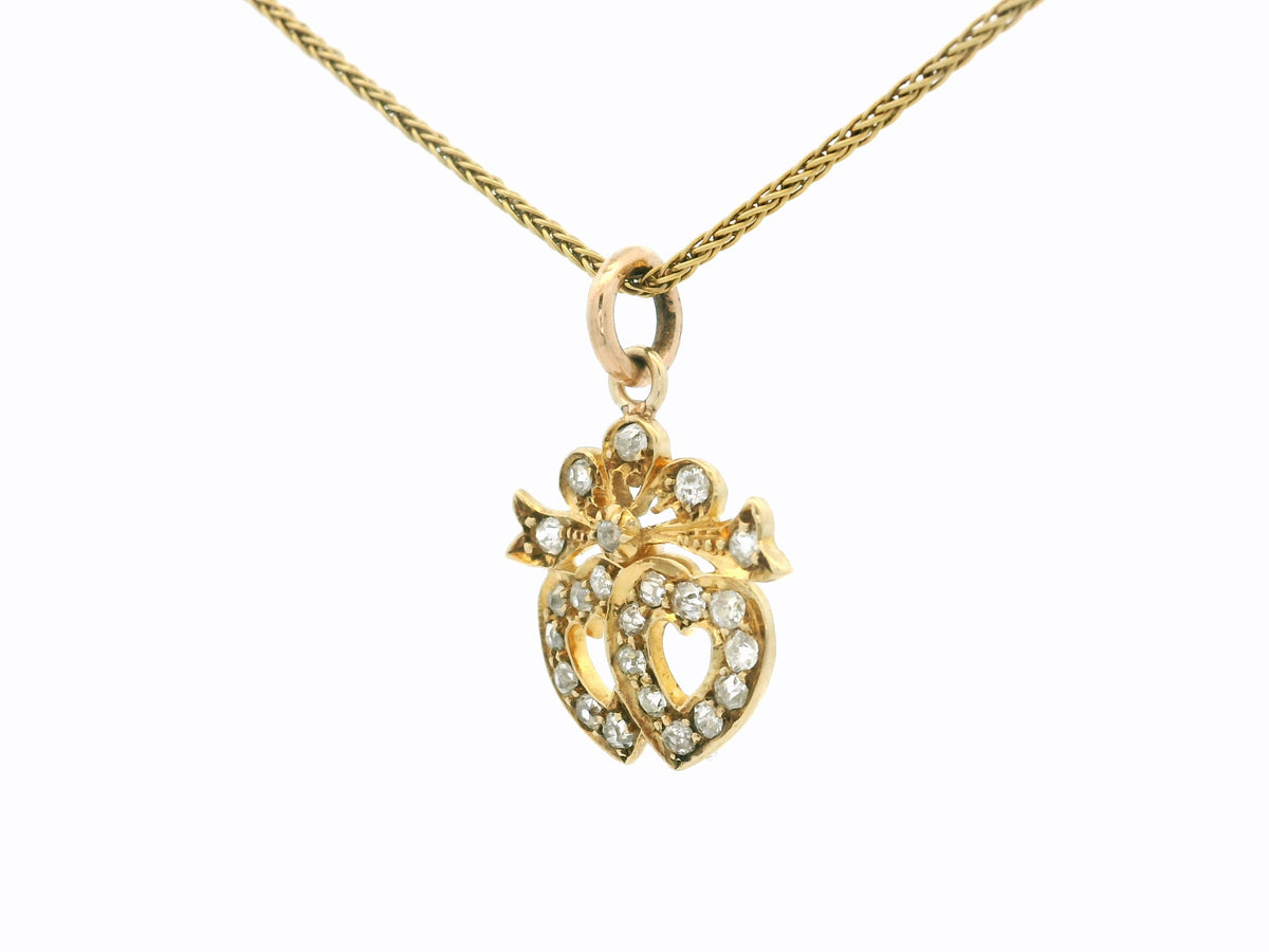 ANTIQUE EDWARDIAN DIAMOND DOUBLE HEART PENDANT 15ct GOLD