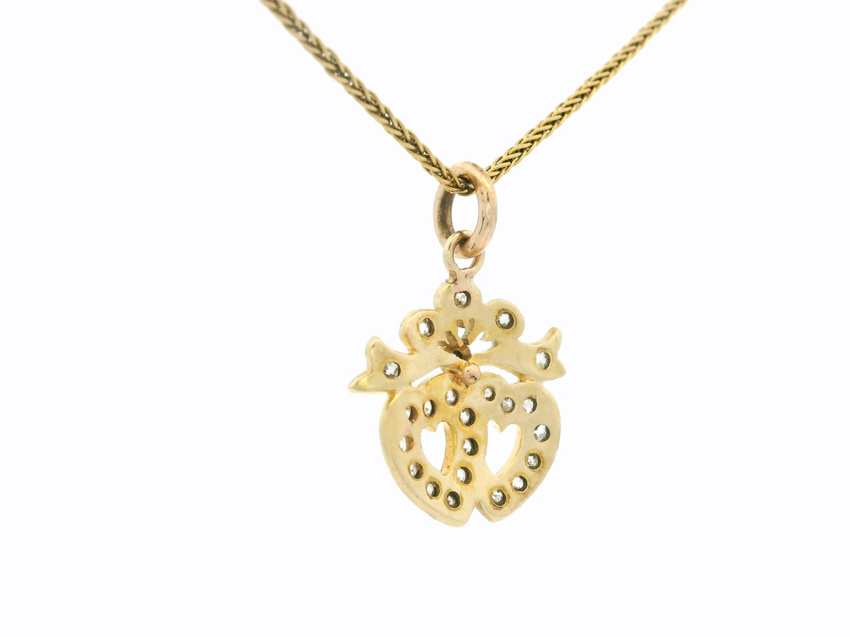 ANTIQUE EDWARDIAN DIAMOND DOUBLE HEART PENDANT 15ct GOLD