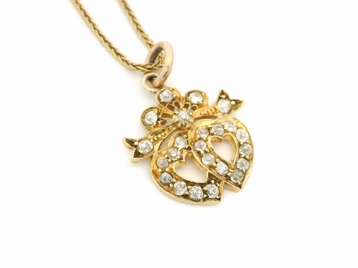 ANTIQUE EDWARDIAN DIAMOND DOUBLE HEART PENDANT 15ct GOLD