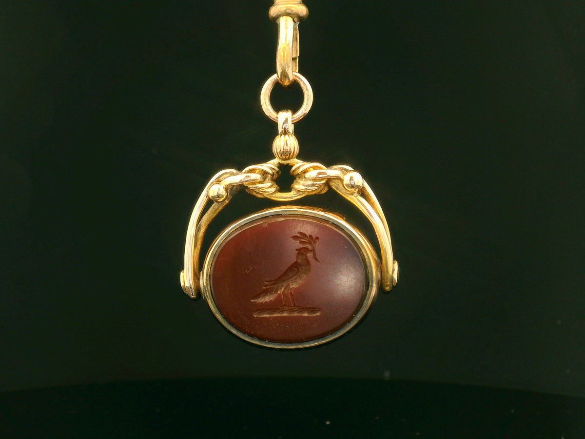 ANTIQUE VICTORIAN CARNELIAN INTAGLIO &amp; BLOODSTONE SEAL FOB SPINNER 9ct GOLD