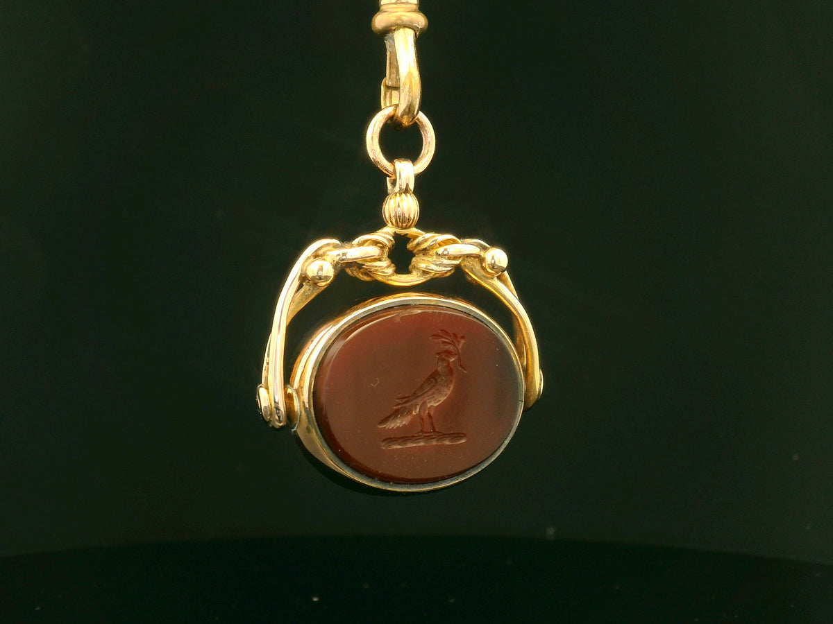 ANTIQUE VICTORIAN CARNELIAN INTAGLIO &amp; BLOODSTONE SEAL FOB SPINNER 9ct GOLD