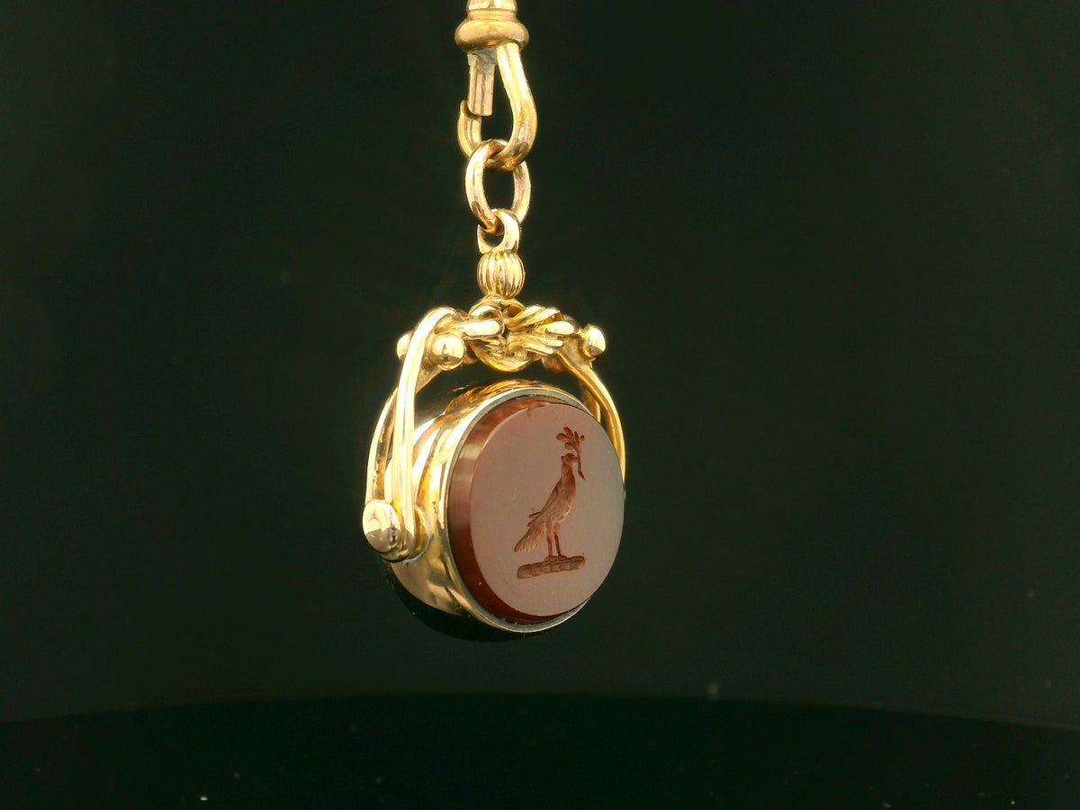 ANTIQUE VICTORIAN CARNELIAN INTAGLIO &amp; BLOODSTONE SEAL FOB SPINNER 9ct GOLD