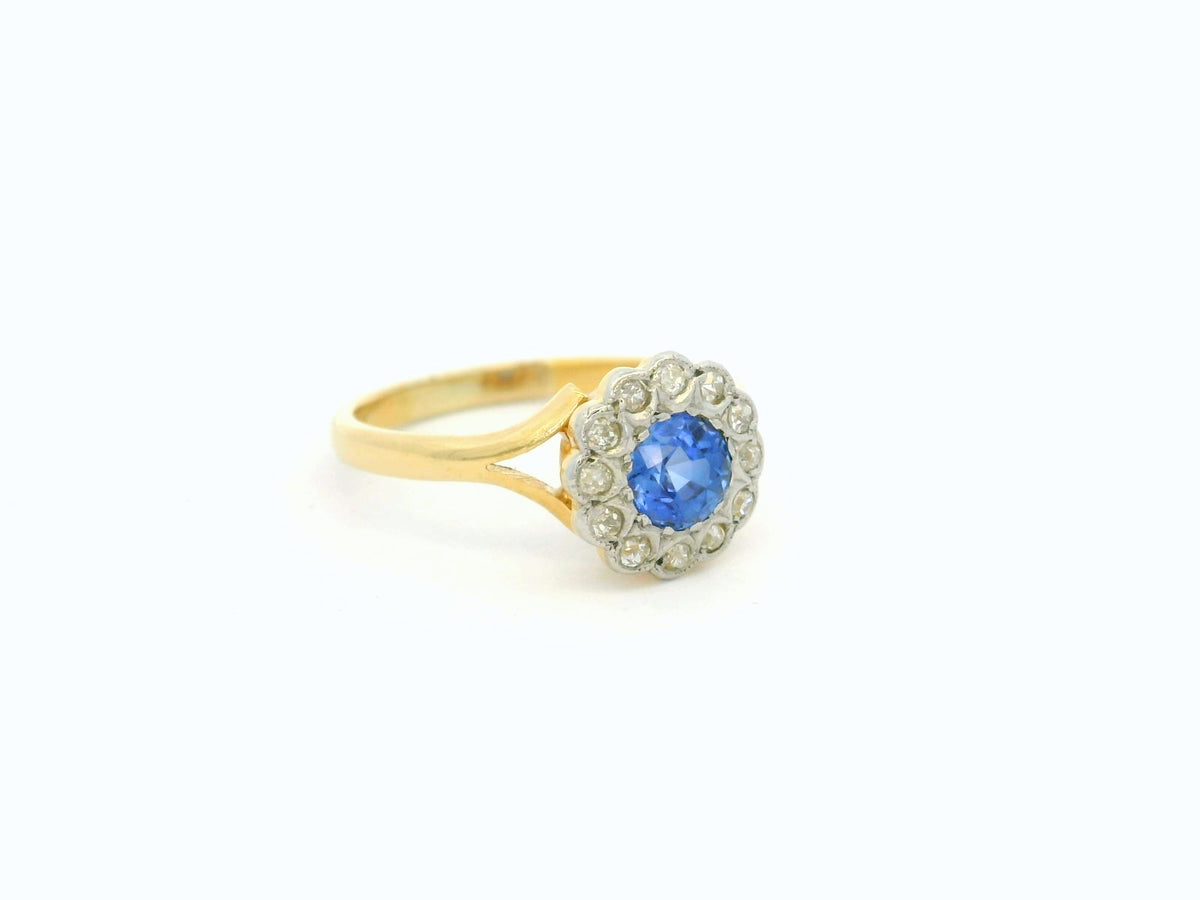 ANTIQUE EDWARDIAN CEYLON SAPPHIRE &amp; DIAMOND DAISY RING 18ct GOLD