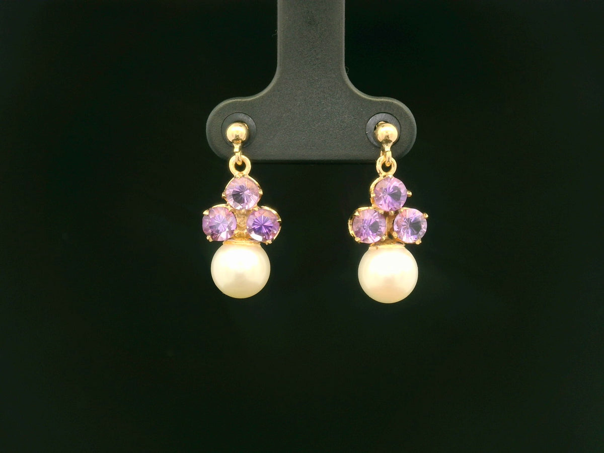 VINTAGE MID CENTURY AMETHYST & PEARL EARRINGS 9ct GOLD