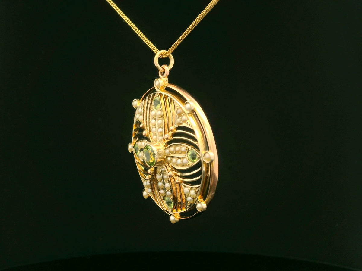 ANTIQUE EDWARDIAN PERIDOT &amp; SEED PEARL PENDANT 9ct GOLD
