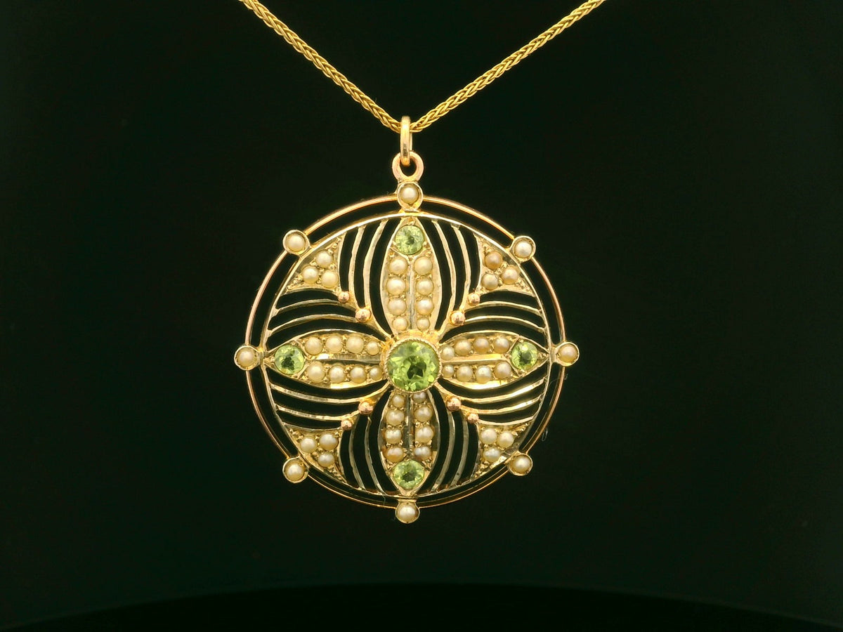 ANTIQUE EDWARDIAN PERIDOT &amp; SEED PEARL PENDANT 9ct GOLD