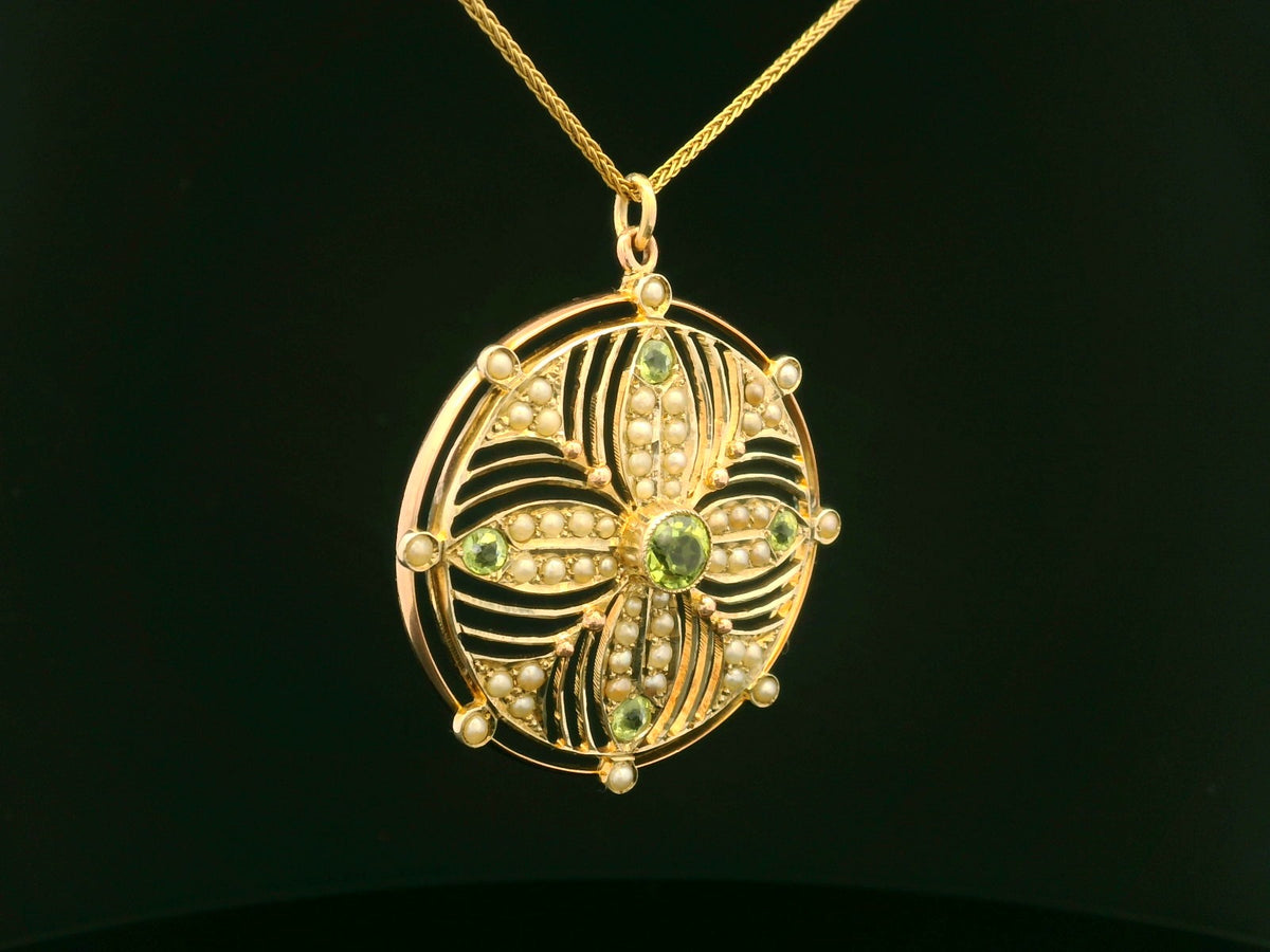 ANTIQUE EDWARDIAN PERIDOT &amp; SEED PEARL PENDANT 9ct GOLD